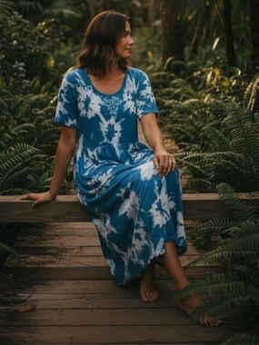 NWT Dharma Trading Co. Women's Cotton Blue White Tie Dye Floral Maxi Dress M